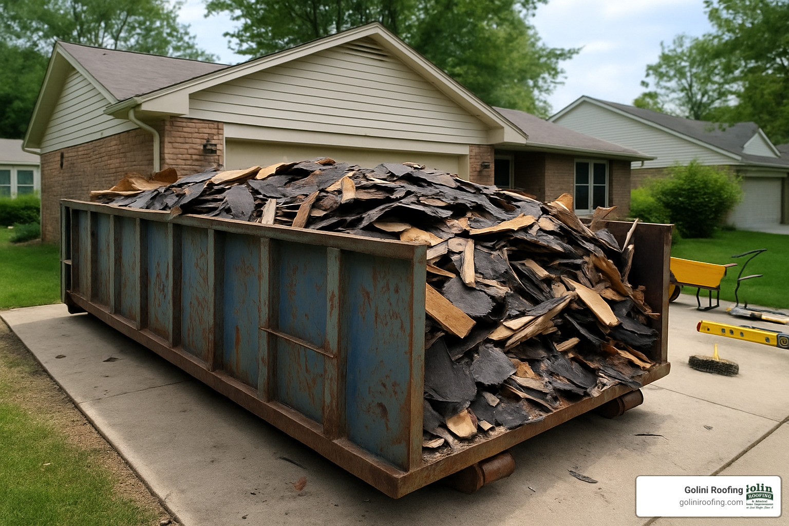 image of dumpster filled with old roofing debris and materials showing the disposal aspect of roof tear off projects - Roof tear off cost image of dumpster filled with old roofing debris and materials showing the disposal aspect of roof tear off projects - Roof tear off cost