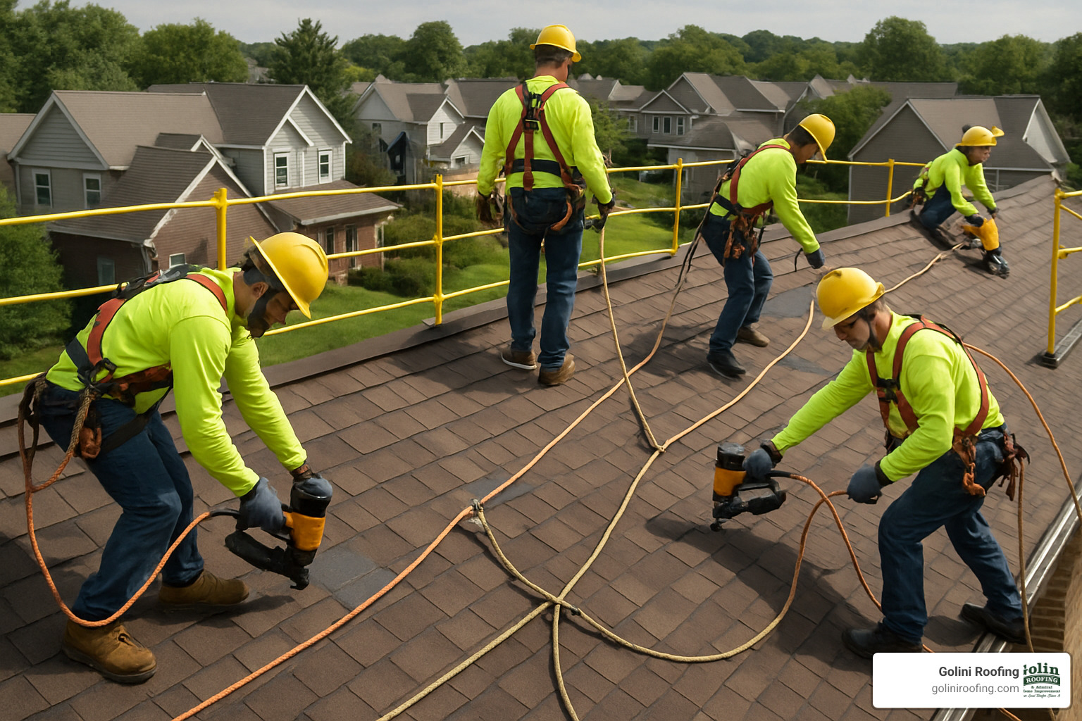 image showing workers with safety equipment on a steep roof demonstrating the additional precautions and specialized gear required for high-pitch roofing projects - Roof tear off cost image showing workers with safety equipment on a steep roof demonstrating the additional precautions and specialized gear required for high-pitch roofing projects - Roof tear off cost