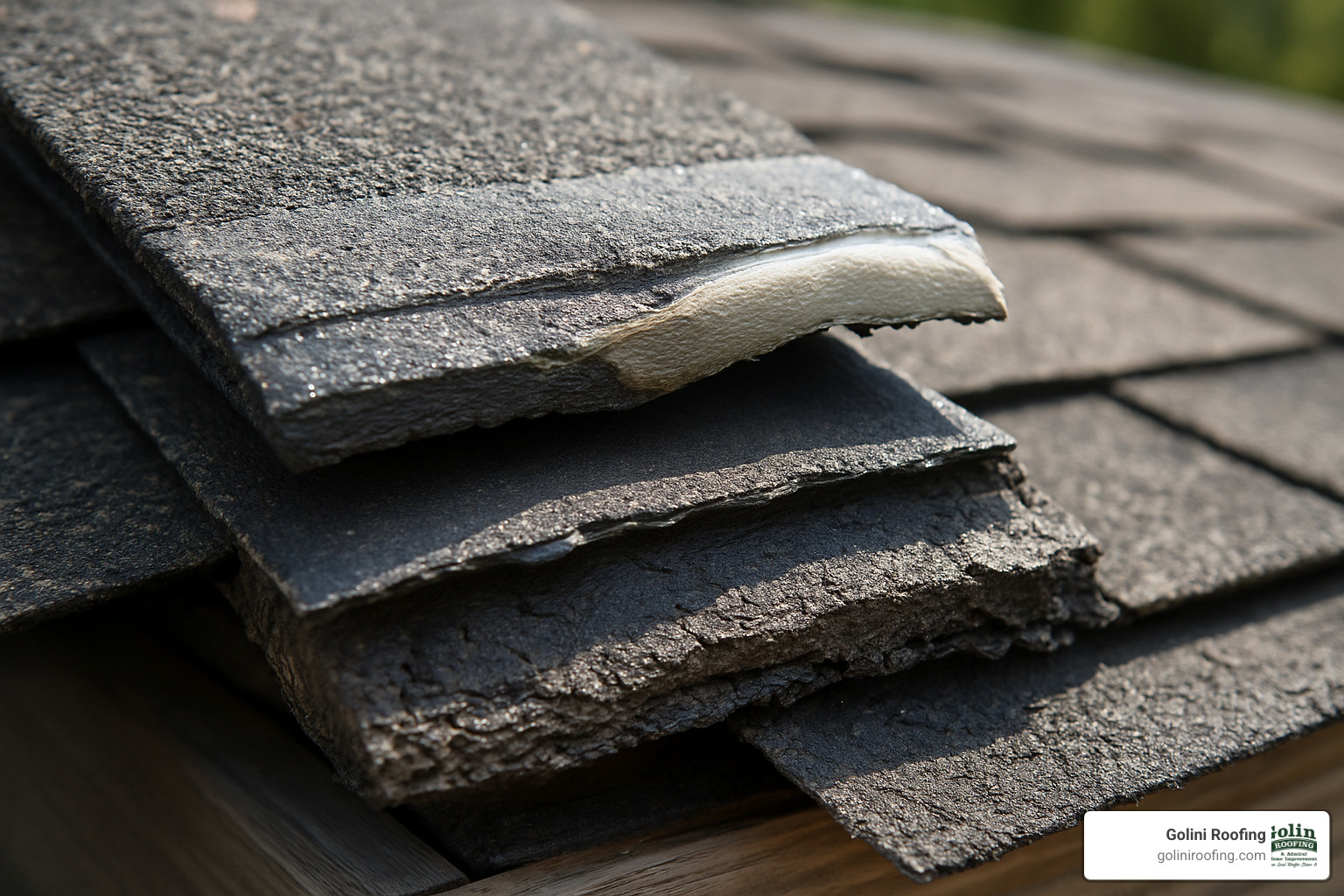 image of fused shingle layers showing how old and new materials can bond together making future removal more difficult - Roof tear off cost image of fused shingle layers showing how old and new materials can bond together making future removal more difficult - Roof tear off cost