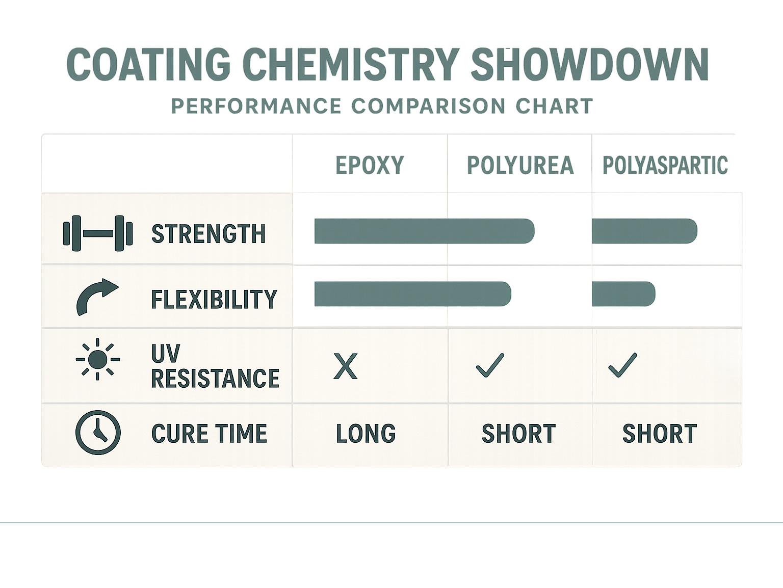 Performance comparison chart showing strength, flexibility, UV resistance, and cure times for epoxy, polyurea, and polyaspartic coating systems - Best Concrete Coatings Companies infographic Performance comparison chart showing strength, flexibility, UV resistance, and cure times for epoxy, polyurea, and polyaspartic coating systems - Best Concrete Coatings Companies infographic