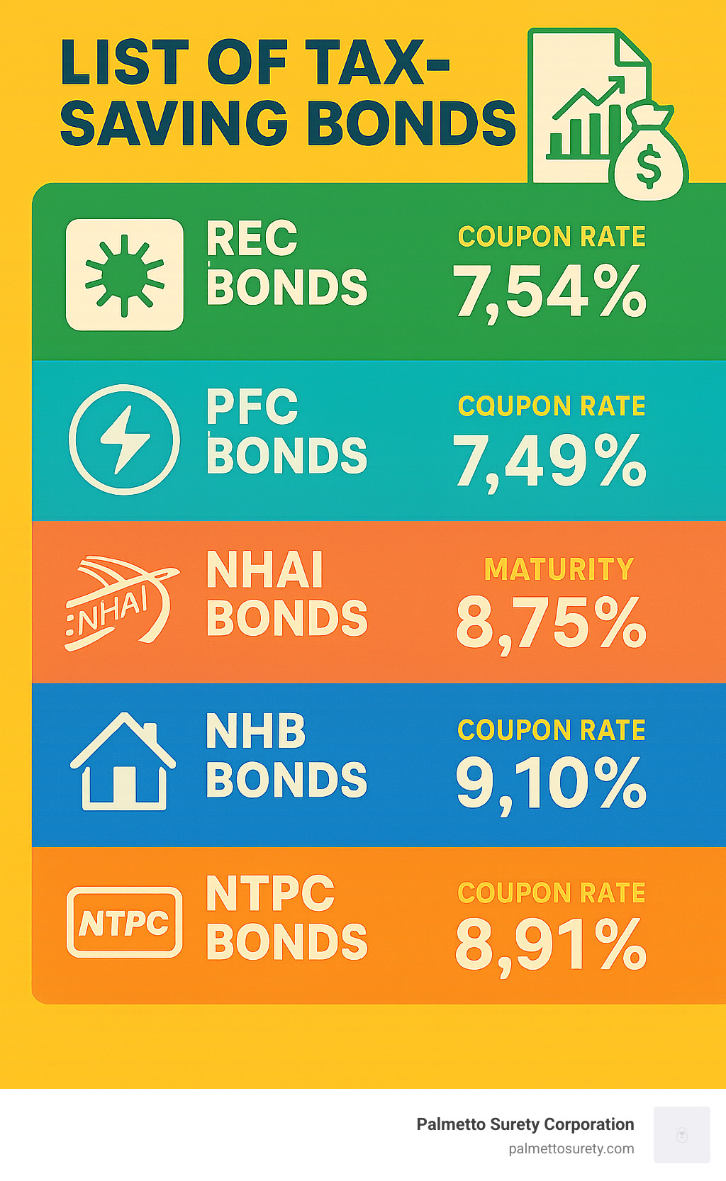 Your guide to the best tax saving bonds available 7 Infographic showing yields and tax benefits of different indian government bonds including rec, pfc, nhai, nhb, and ntpc bonds with their respective coupon rates and maturities - list of tax saving bonds infographic