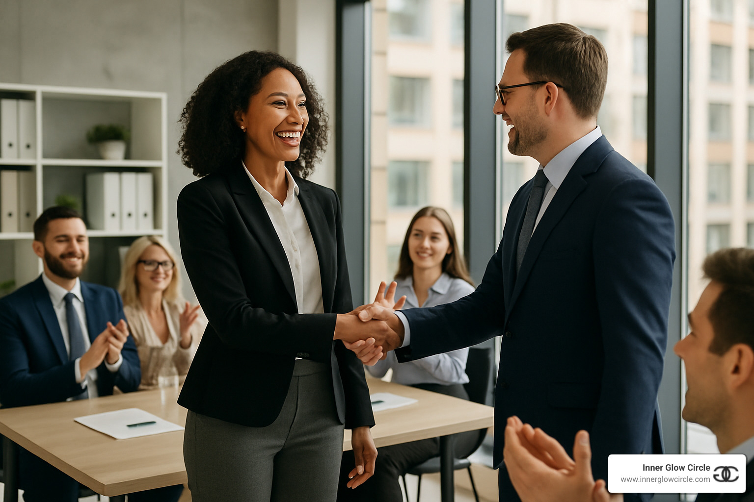 Woman confidently receiving a promotion in a professional setting - Women's empowerment life coaching