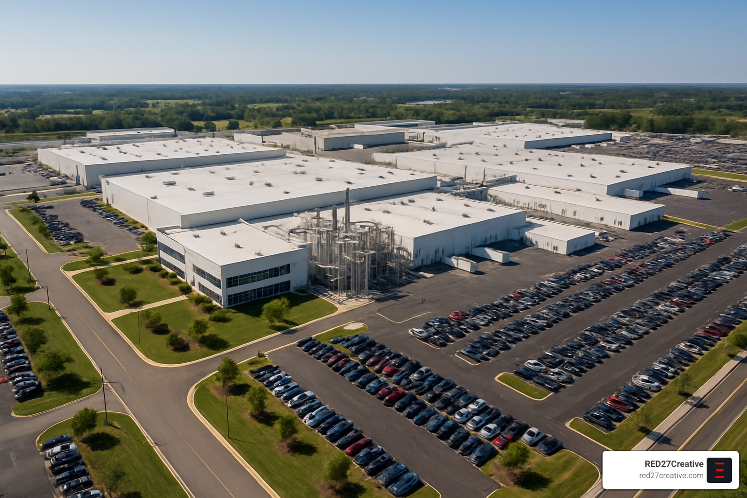 Aerial drone photograph showing expansive manufacturing facility with multiple buildings, parking areas, and surrounding infrastructure demonstrating operational scale and modern facilities - Industrial photography services Aerial drone photograph showing expansive manufacturing facility with multiple buildings, parking areas, and surrounding infrastructure demonstrating operational scale and modern facilities - Industrial photography services