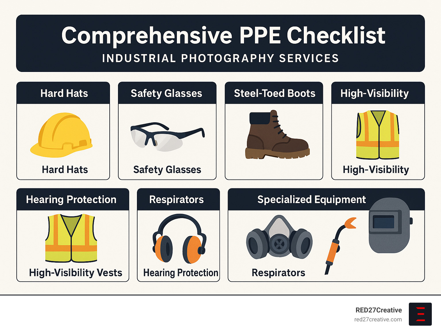 Comprehensive PPE checklist showing hard hats, safety glasses, steel-toed boots, high-visibility vests, hearing protection, respirators, and specialized equipment required for different industrial environments - Industrial photography services infographic Comprehensive PPE checklist showing hard hats, safety glasses, steel-toed boots, high-visibility vests, hearing protection, respirators, and specialized equipment required for different industrial environments - Industrial photography services infographic