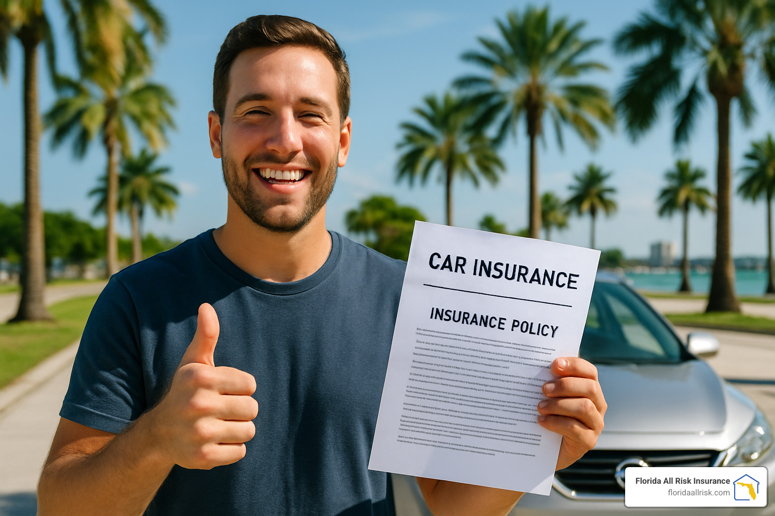 Happy driver holding insurance policy documents - Cheap car insurance St Petersburg