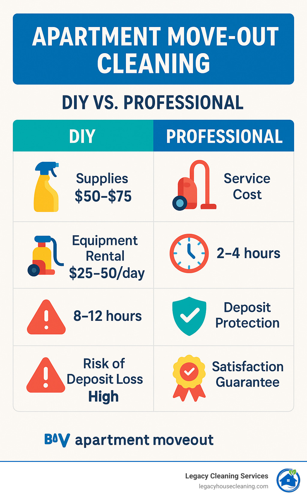 Infographic comparing DIY cleaning costs vs professional service costs: DIY - supplies $50-75, equipment rental $25-50/day, time investment 8-12 hours, risk of deposit loss high; Professional - service cost $120-260, time investment 2-4 hours, deposit protection high, satisfaction guarantee included - apartment move out cleaning infographic