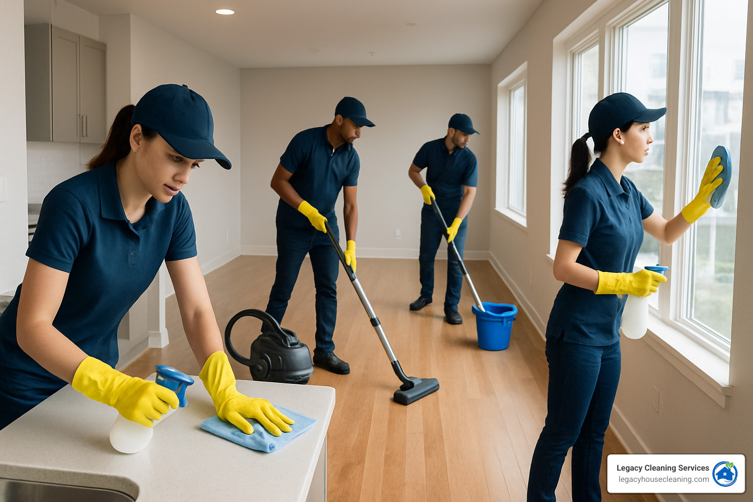 professional cleaning team working in empty apartment - apartment move out cleaning