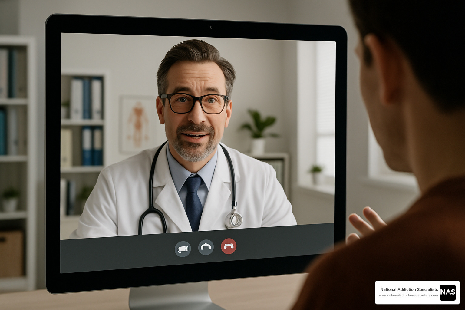 virtual telemedicine visit screenshot showing doctor-patient consultation - addiction recovery journey