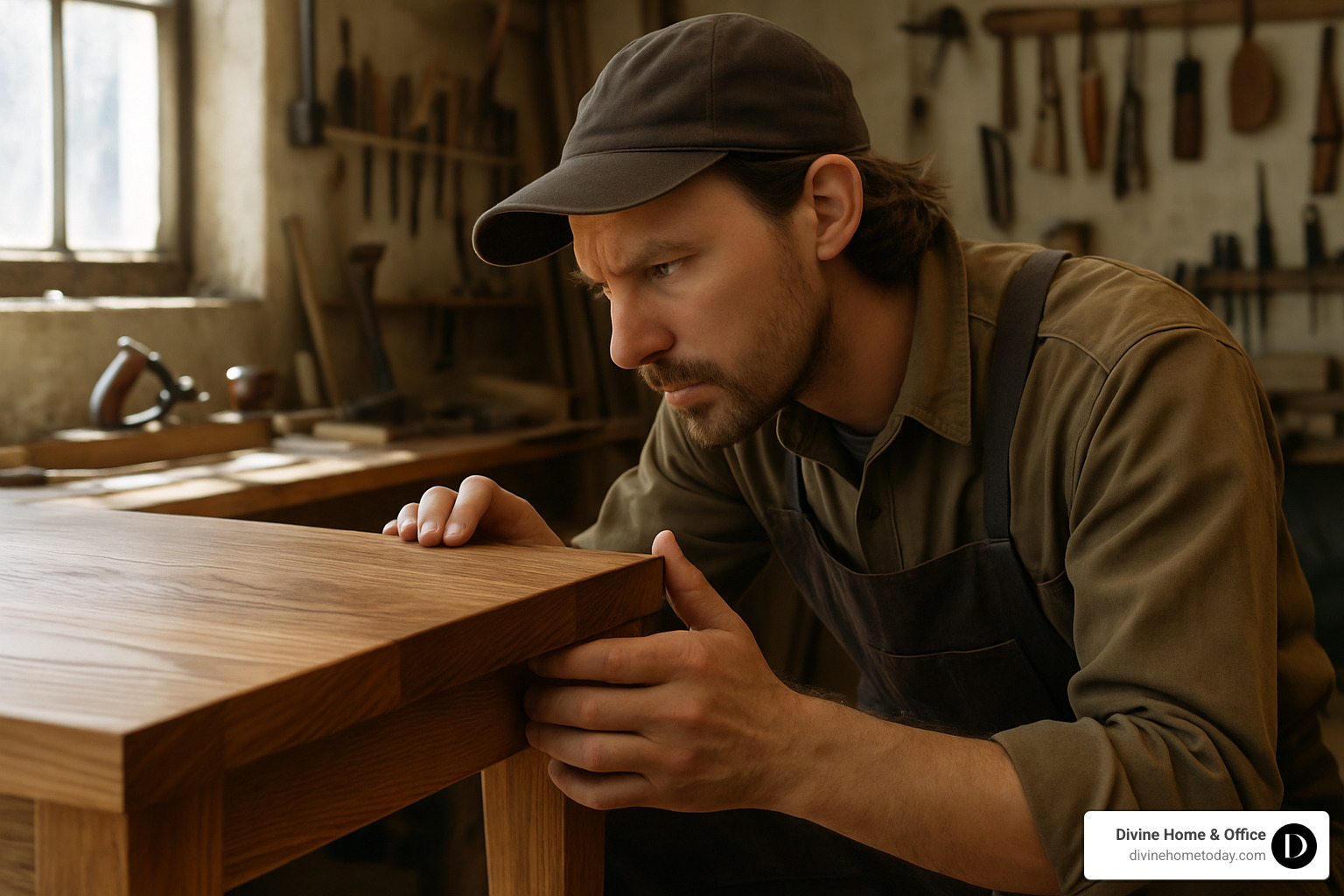 artisan examining wood grain and joinery - custom high quality furniture
