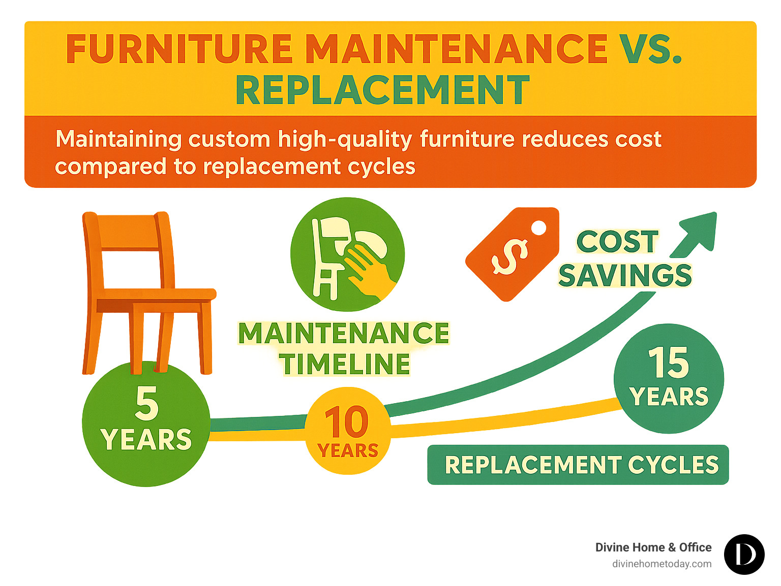 Infographic showing furniture maintenance timeline and cost savings compared to replacement cycles - custom high quality furniture infographic 