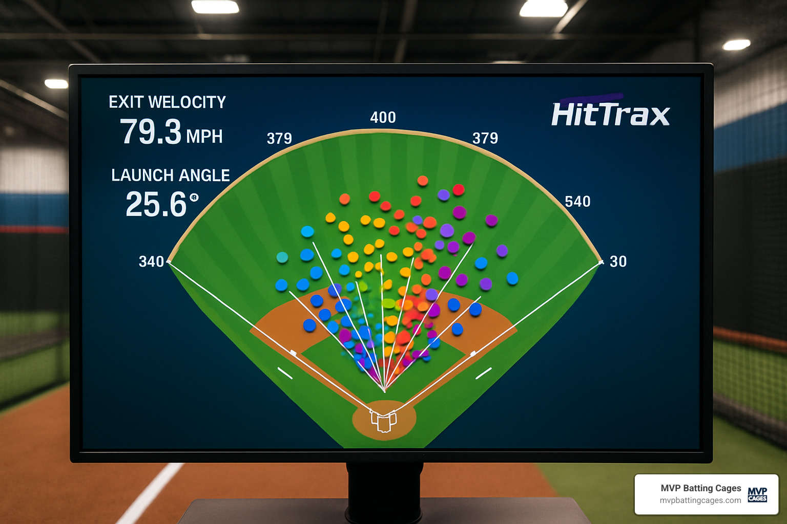 HitTrax display screen showing spray chart and swing metrics - baseball facility near me