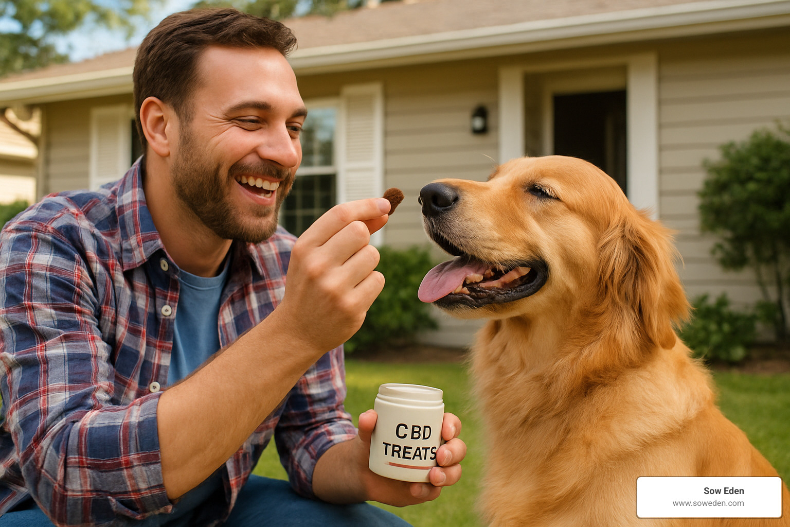 Owner giving CBD treat to happy golden retriever - cbd dosage for dogs