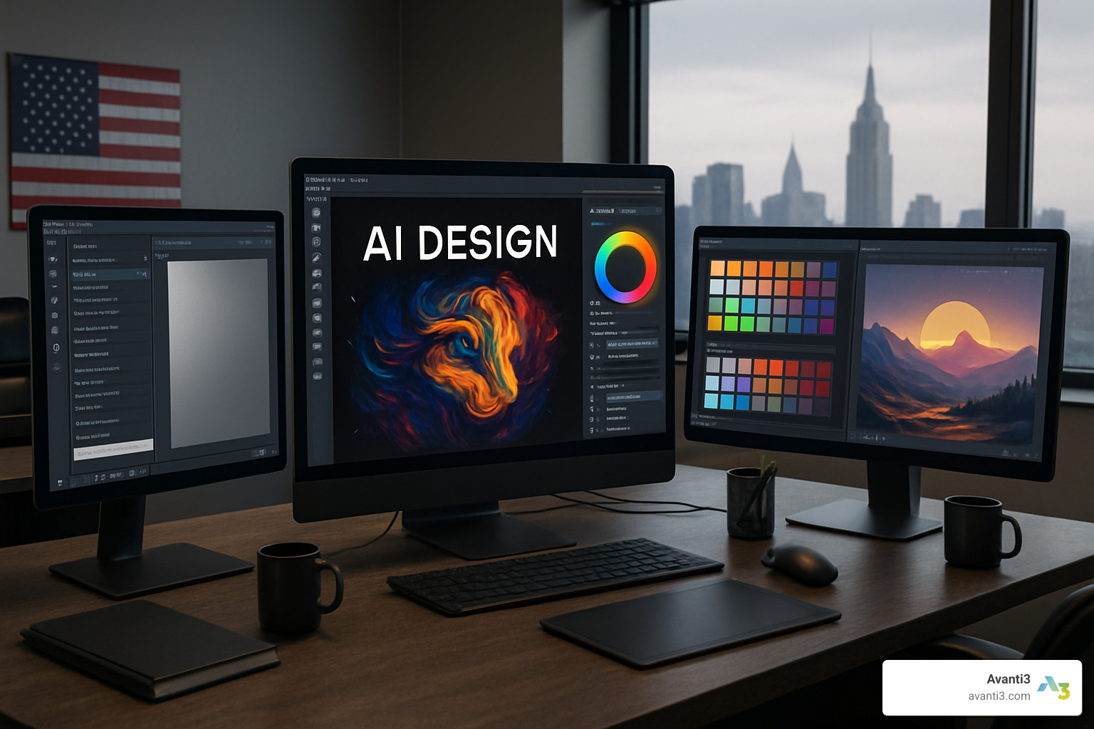 AI design studio workspace with creative tools, digital brushes, color palettes, and AI-generated artwork displayed on multiple screens - AI digital tools