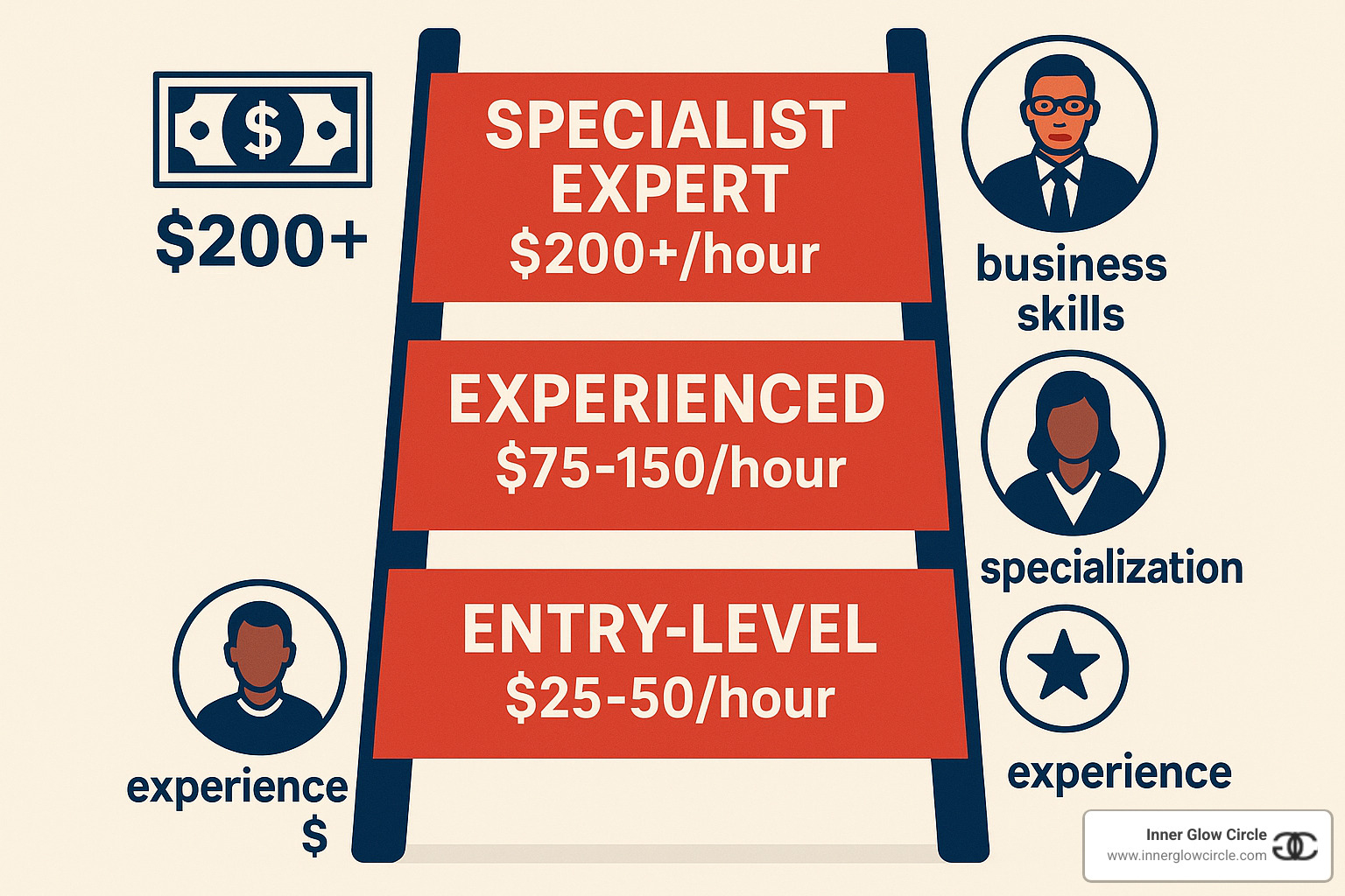 Visual representation of coaching income progression ladder showing entry-level rates at $25-50/hour, experienced coaches at $75-150/hour, and specialist experts at $200+/hour, with factors that influence earning potential at each level - Personal development coach training