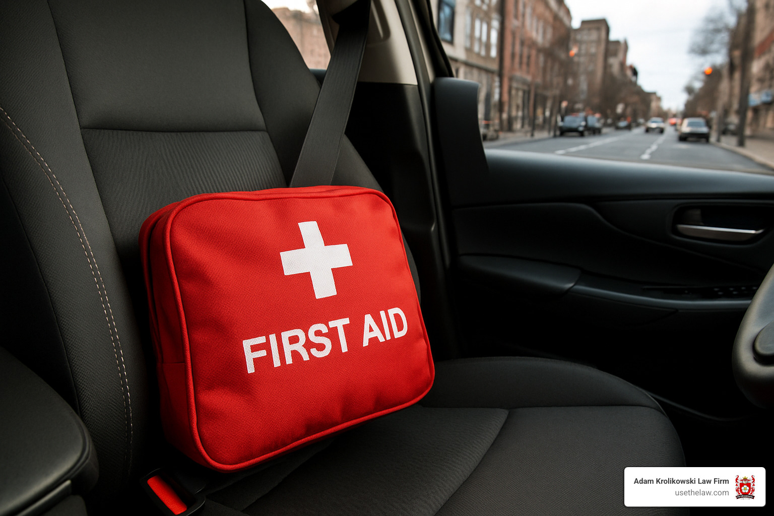 first aid kit sitting on car seat - car accident while riding in uber