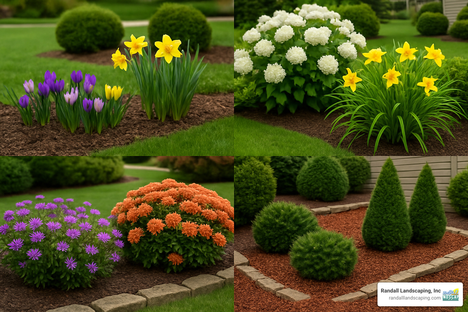 Zone 5b seasonal blooming plants including spring crocuses and daffodils, summer hydrangeas and daylilies, fall asters and mums, with winter evergreen protection - landscaping salem nh