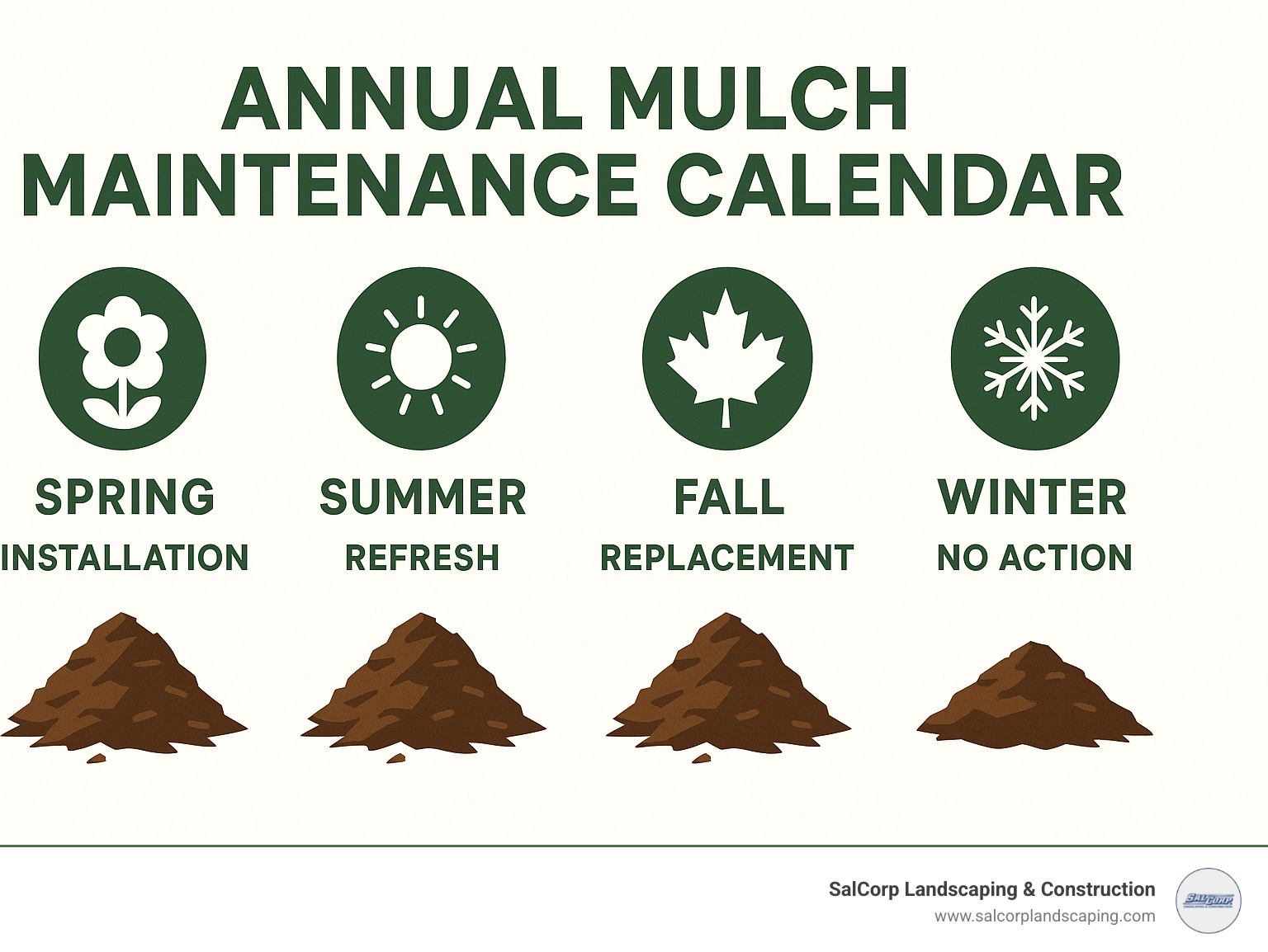 Annual mulch maintenance calendar showing optimal timing for installation, refresh, and replacement activities throughout the year - mulch delivery and installation infographic 
