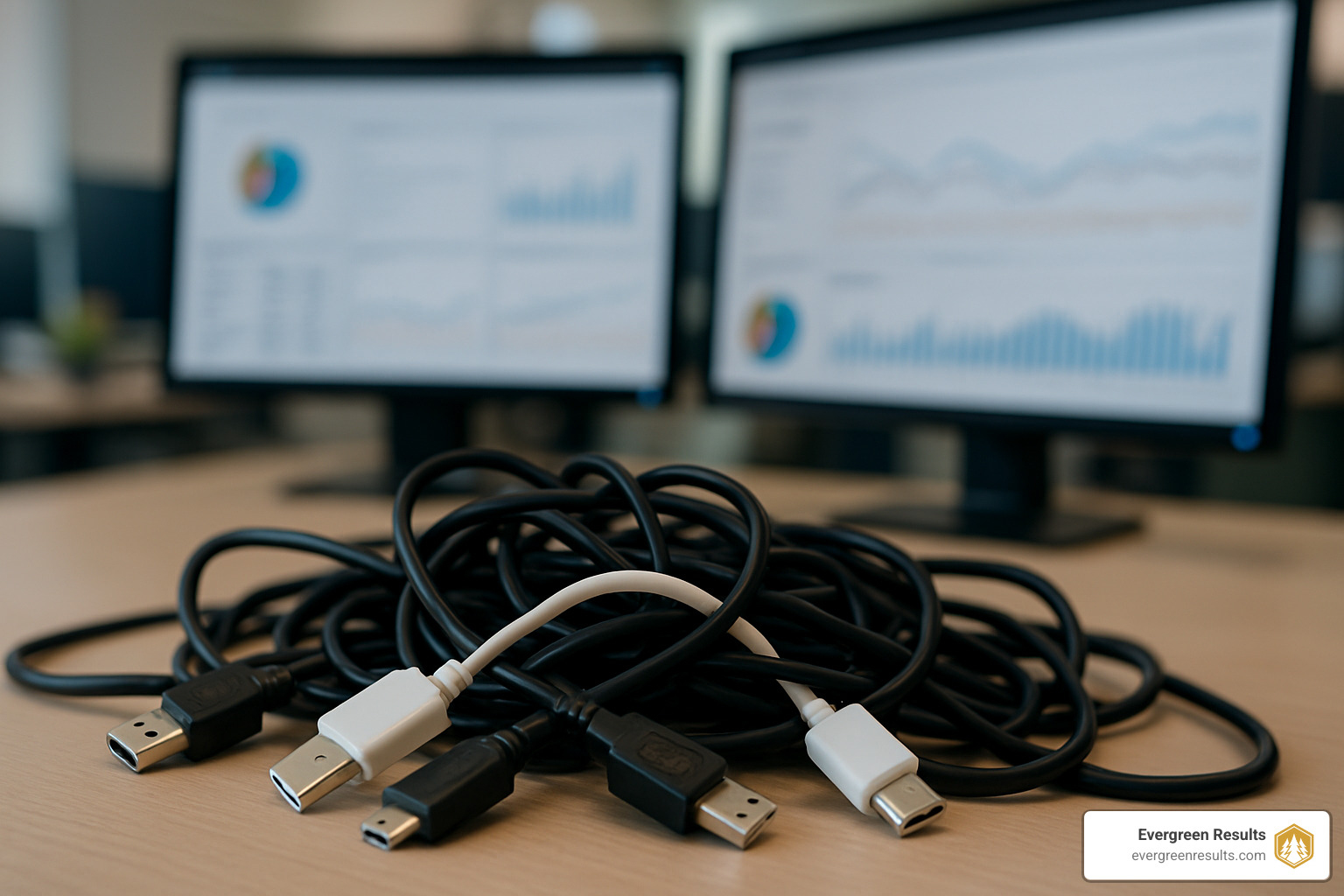 tangled data cords representing complex attribution challenges - what is roi in social media marketing