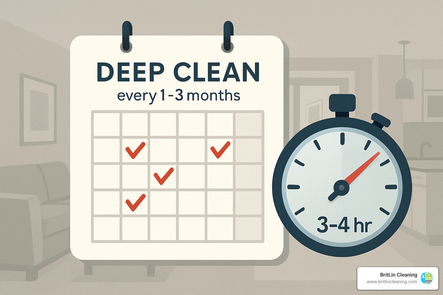 Calendar showing recommended deep cleaning frequency with stopwatch indicating 3-4 hour service duration - condo deep cleaning service