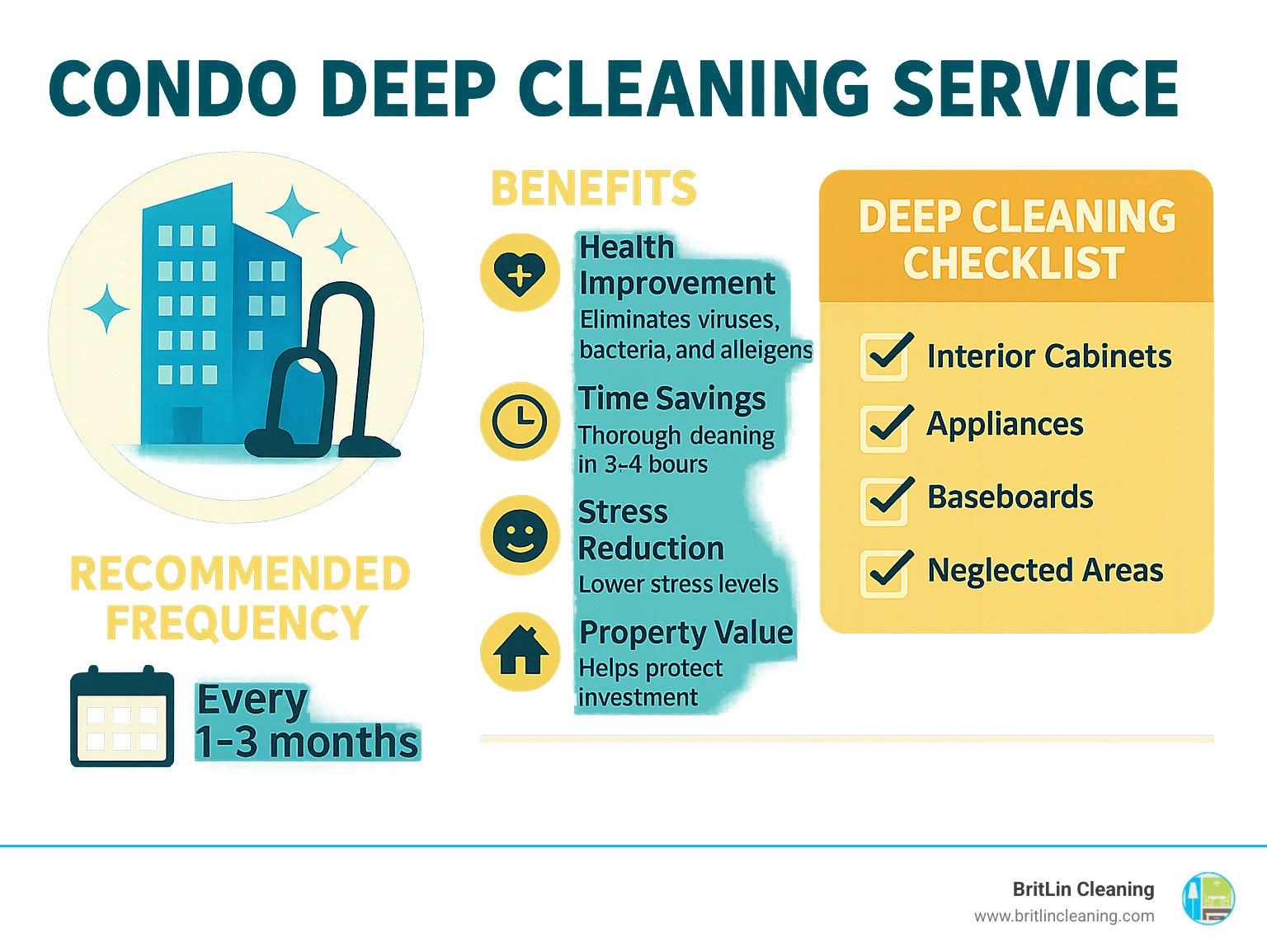 Comprehensive breakdown of condo deep cleaning benefits including health improvements, time savings, stress reduction, property value protection, and detailed service checklist with frequency recommendations - condo deep cleaning service infographic 