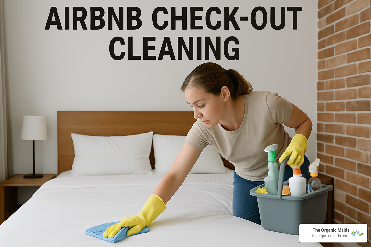 Professional cleaners efficiently refreshing an Airbnb room with eco-friendly supplies