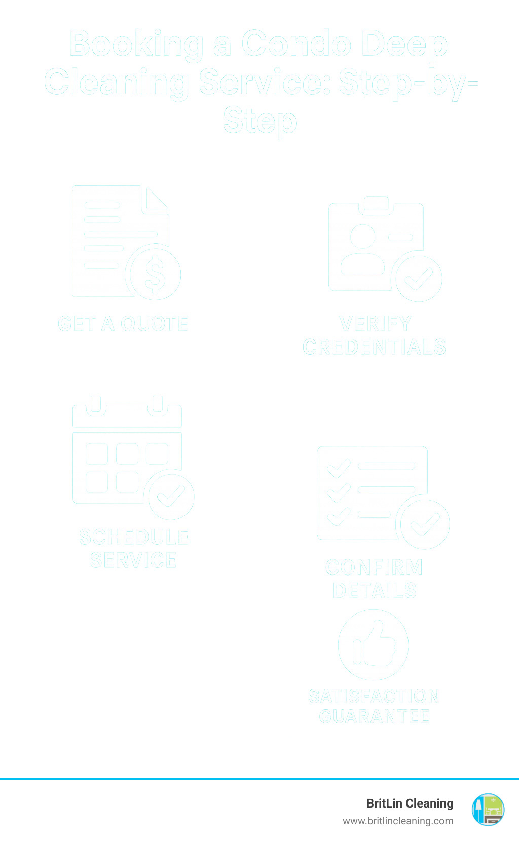 Step-by-step booking process flow showing quote request, credential verification, scheduling, and service confirmation with satisfaction guarantee - condo deep cleaning service infographic 