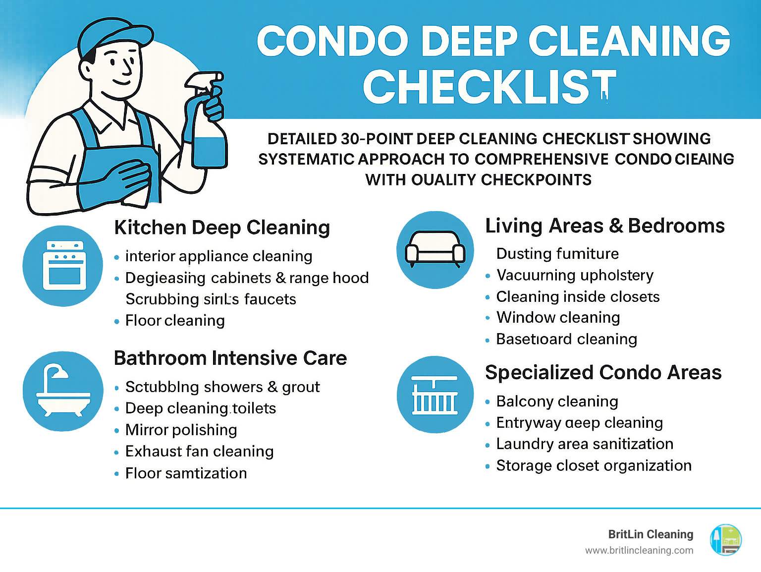 Detailed 30-point deep cleaning checklist showing systematic approach to comprehensive condo cleaning with quality checkpoints - condo deep cleaning service infographic 