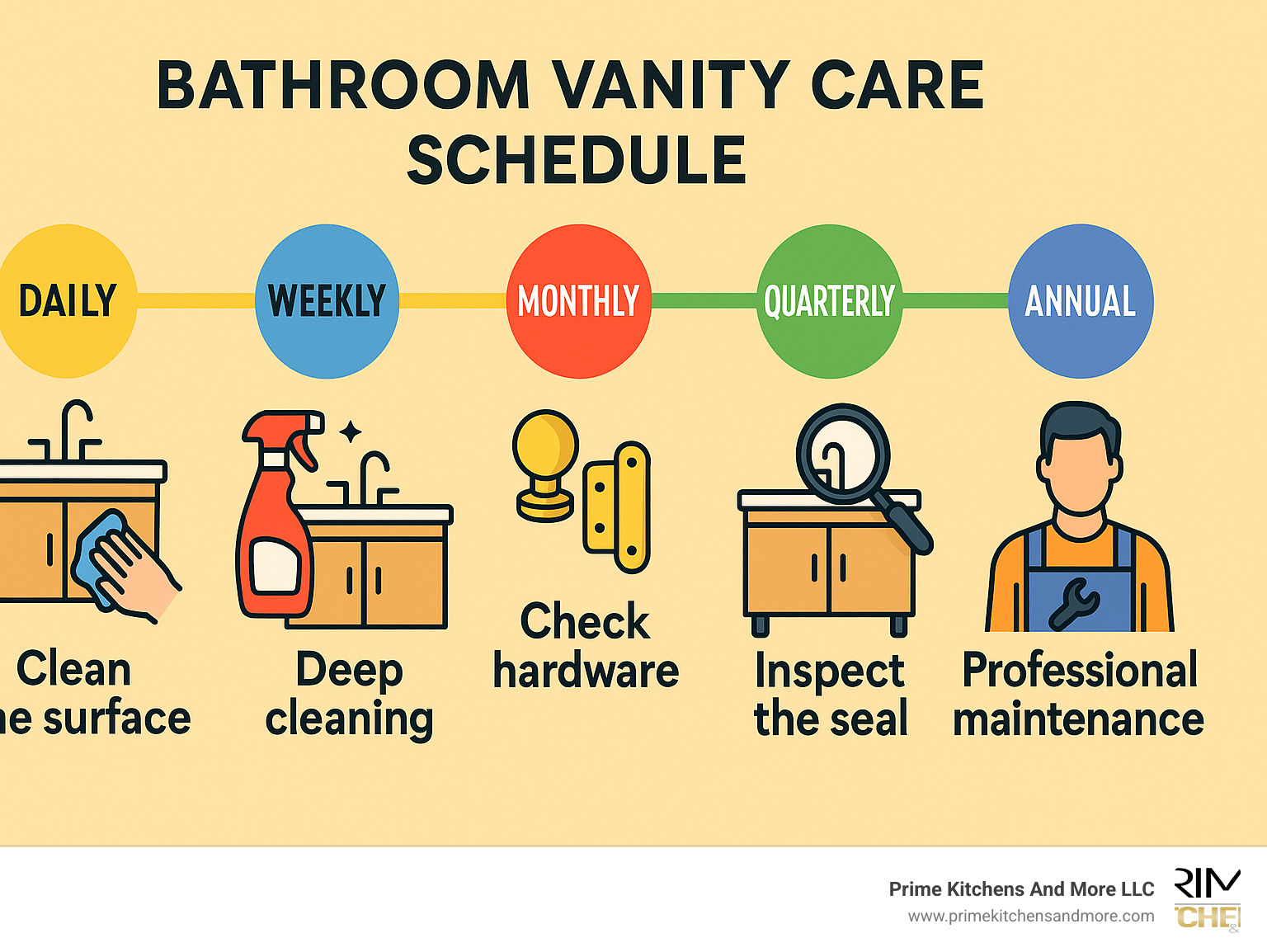 Infographic showing bathroom vanity care schedule including daily cleaning routine, weekly deep cleaning, monthly hardware checks, quarterly seal inspection, and annual professional maintenance - bathroom vanity cabinets Orlando infographic 