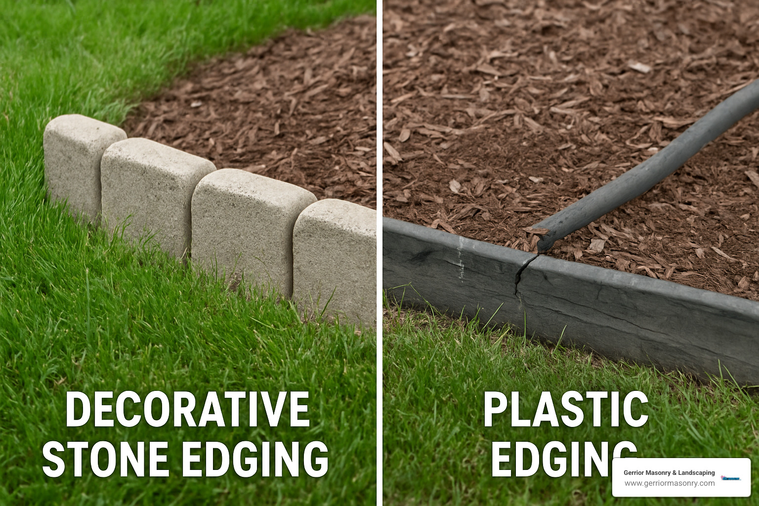 Stone Cold Gorgeous Decorative Garden Edging Options 2 stone edging compared to plastic edging showing weathering differences - decorative stone garden edging