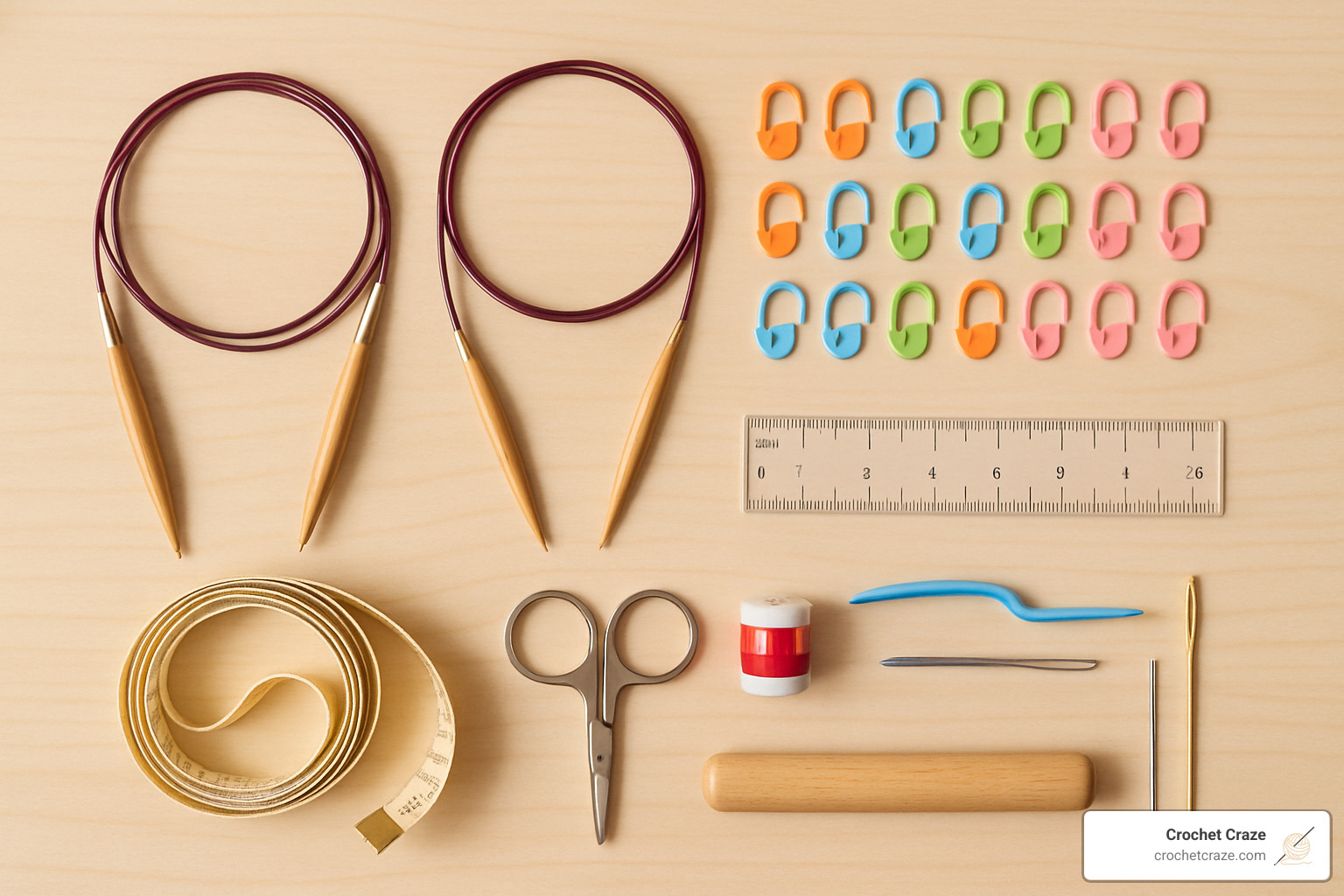 organized knitting tool kit with circular needles, stitch markers, and measuring tools - Advanced knitting classes