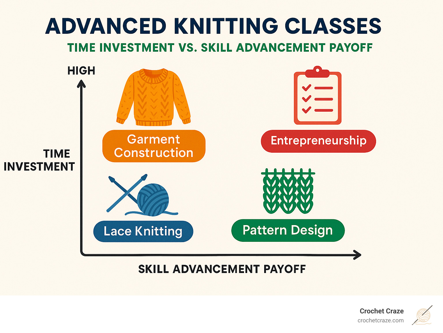 Infographic showing time investment versus skill advancement payoff for different types of advanced knitting classes - Advanced knitting classes infographic