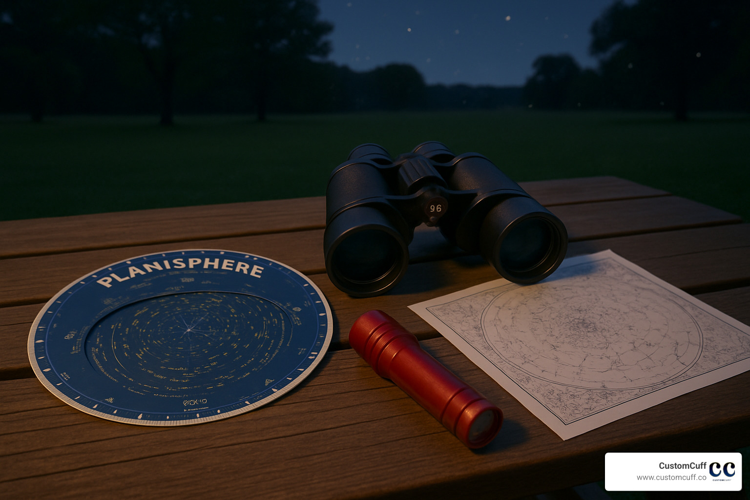 collection of stargazing tools including planisphere, binoculars, red flashlight, and star chart - constellations in the sky