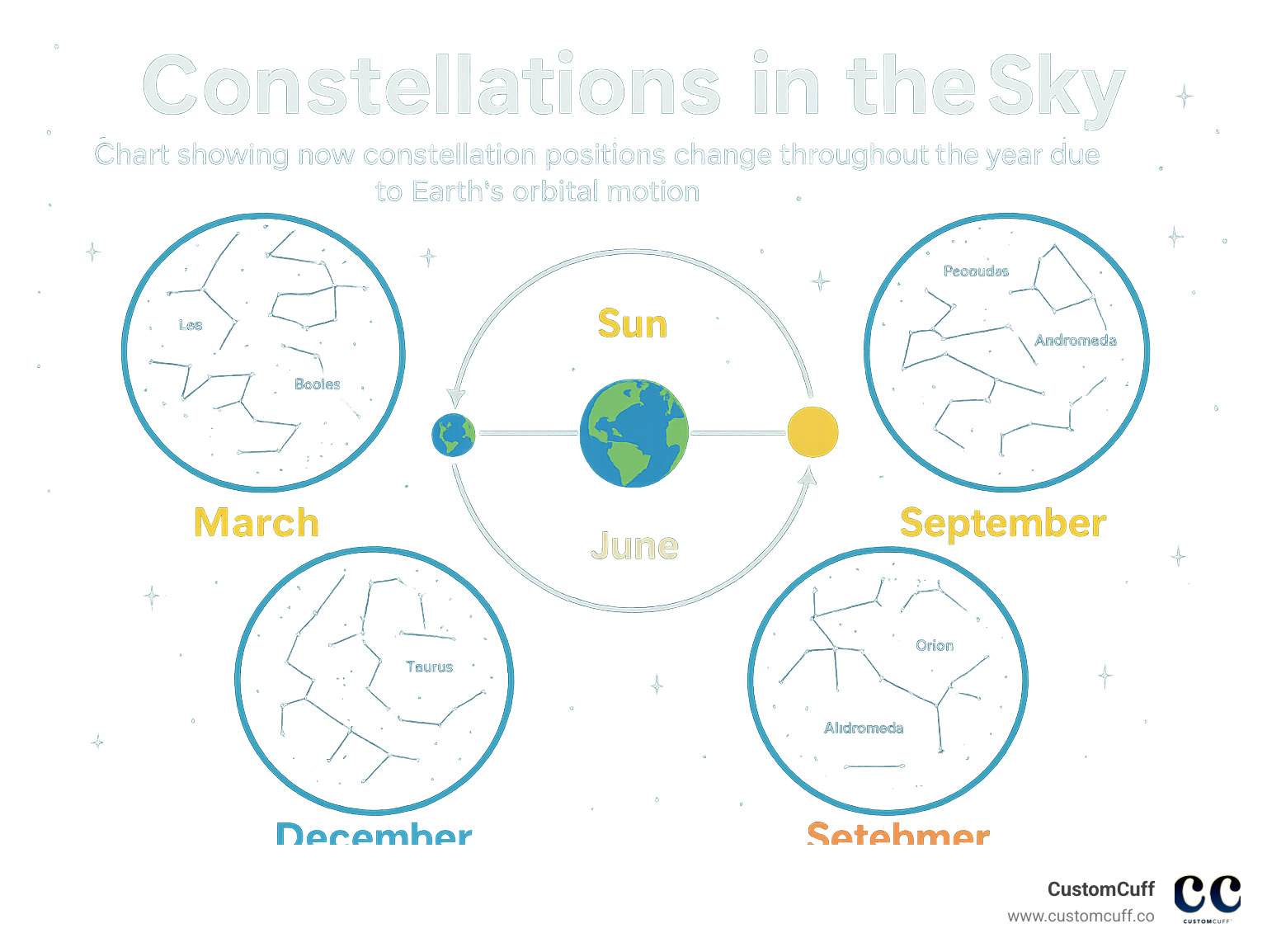 Chart showing how constellation positions change throughout the year due to Earth's orbital motion, with monthly sky maps - constellations in the sky infographic 