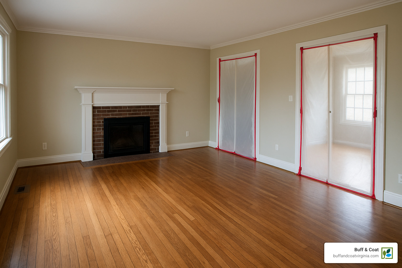 Living room prepared for dustless floor sanding with furniture removed and plastic barriers installed - dustless sanding wood floors