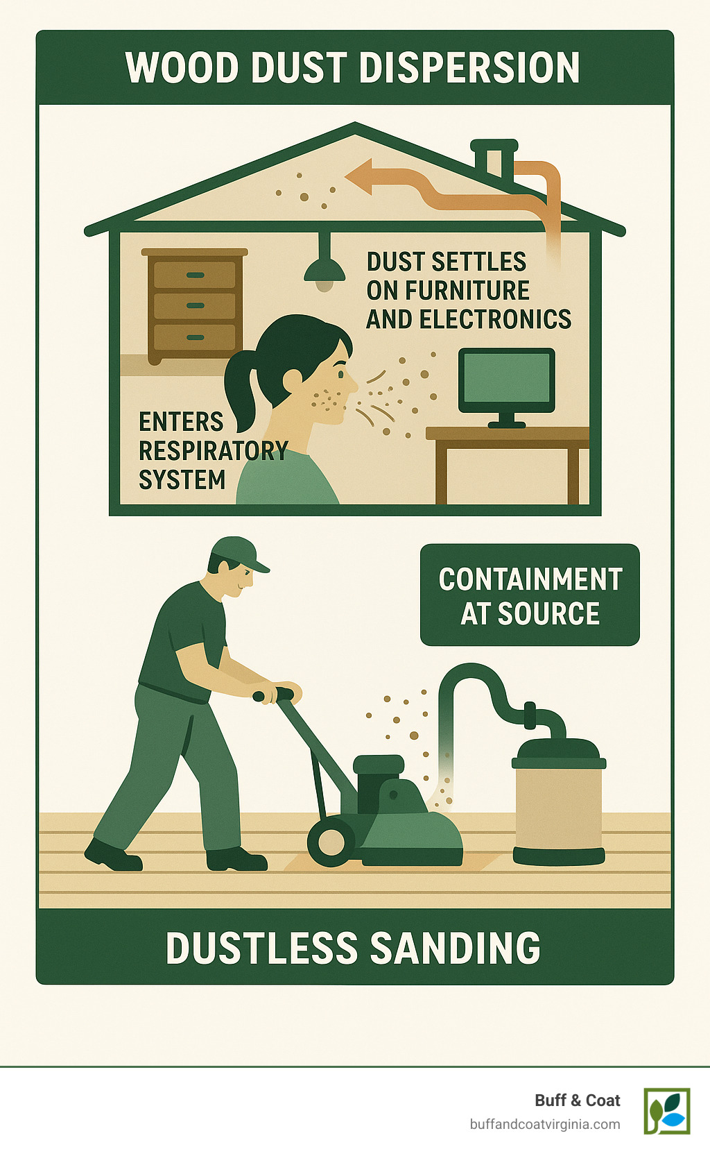 Infographic showing how wood dust particles travel through home ventilation systems, settle on furniture and electronics, and enter respiratory systems, contrasted with dustless sanding containment at source - dustless sanding wood floors infographic