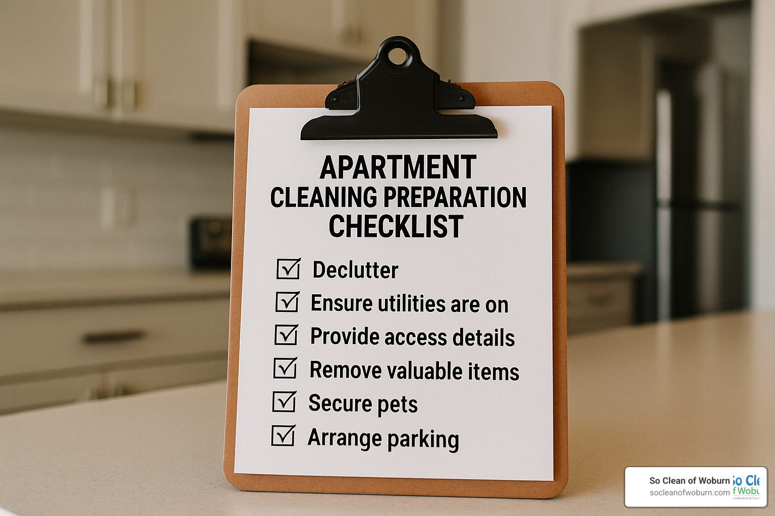 Clipboard with detailed apartment cleaning preparation checklist - New apartment cleaning service