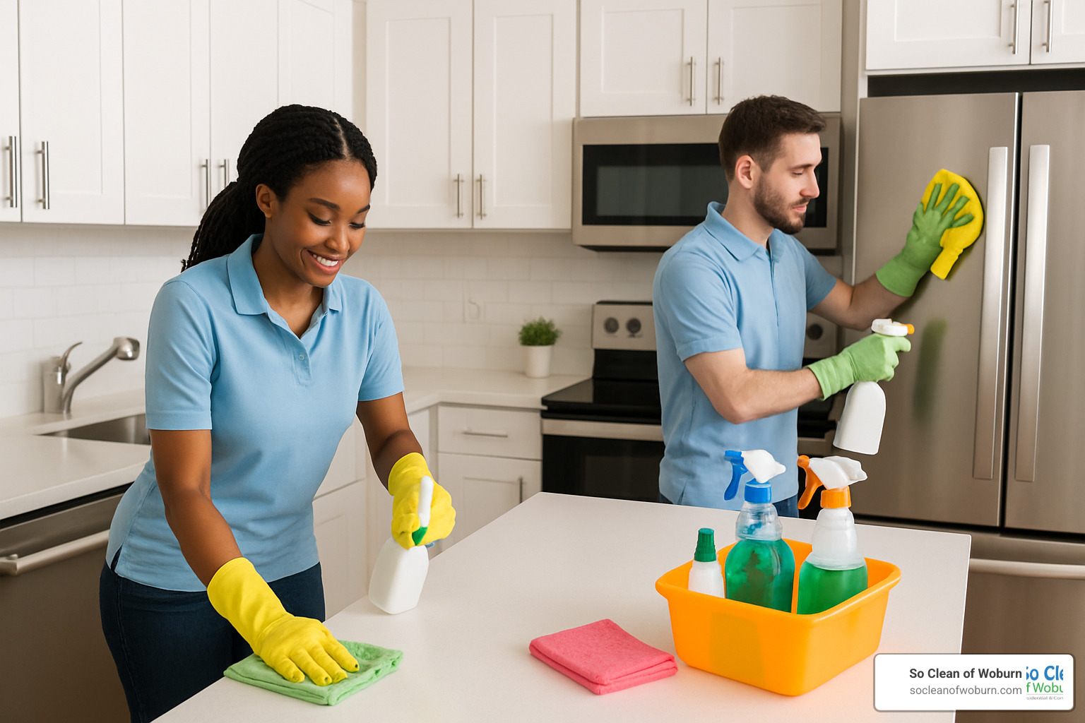 Professional cleaners using color-coded microfiber cloths and eco-friendly products in apartment kitchen - New apartment cleaning service