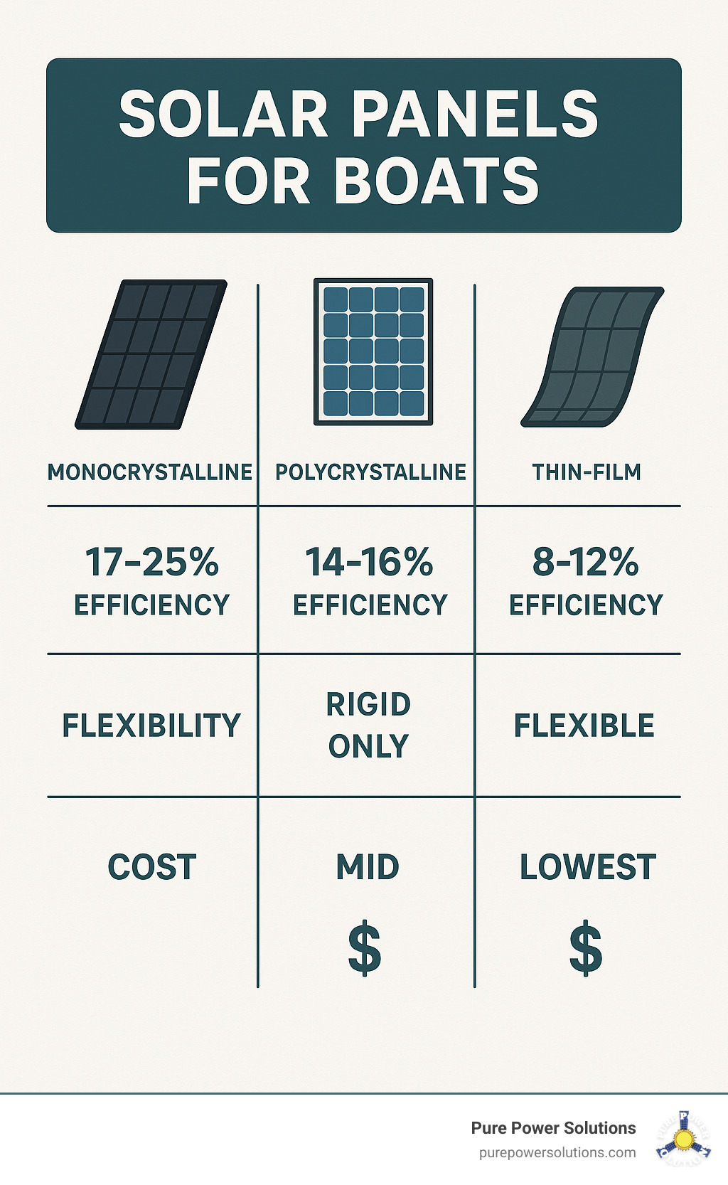 Comparison table showing monocrystalline (17-25% efficiency, rigid/flexible, highest cost), polycrystalline (14-16% efficiency, rigid only, mid-cost), and thin-film (8-12% efficiency, flexible, lowest cost) solar panel specifications - solar panels for boats infographic