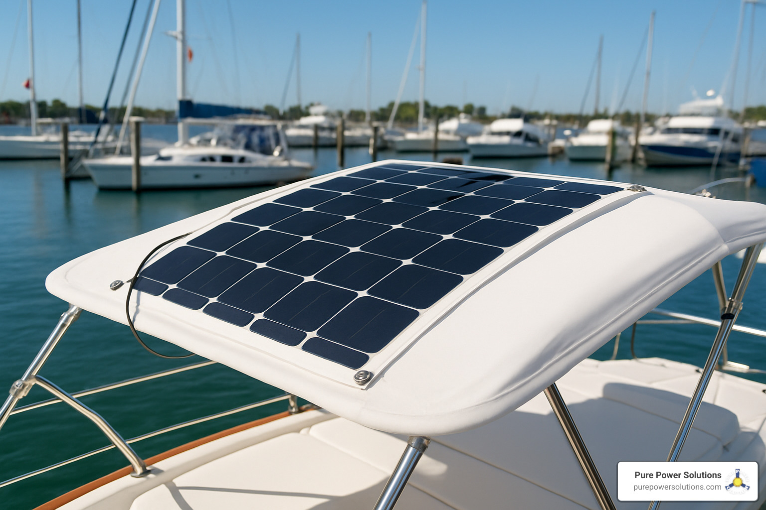 Flexible solar panel mounted on white bimini top with stainless steel hardware - solar panels for boats