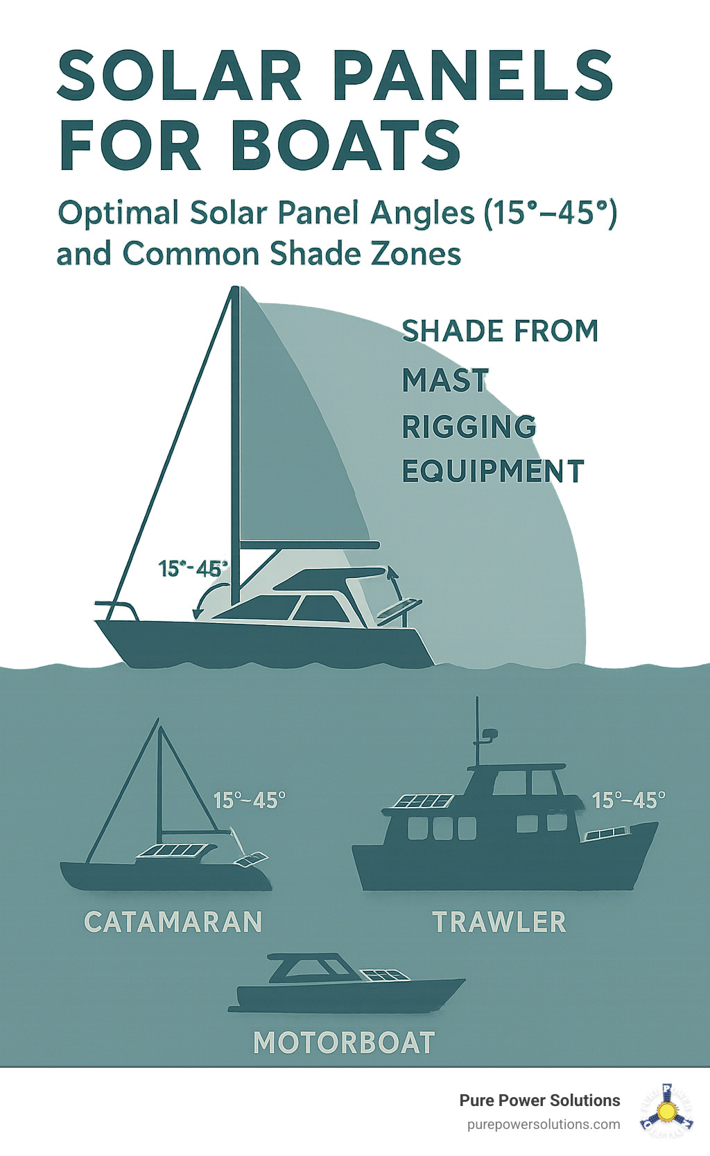 Infographic showing optimal solar panel angles (15-45 degrees) and common shade zones from masts, rigging, and equipment on different boat types - solar panels for boats infographic