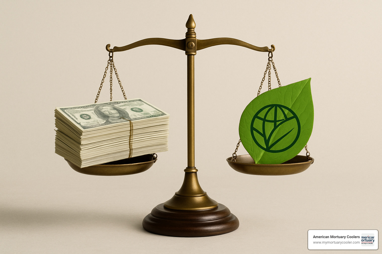 Scale showing dollars on one side and environmental benefits on the other - water cremation cost vs cremation