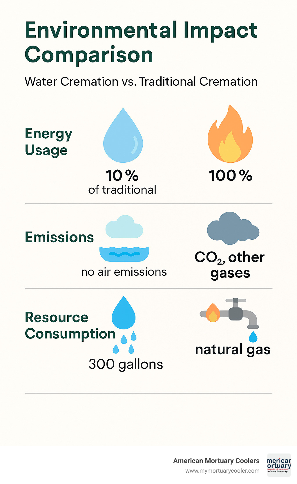 Environmental impact comparison chart showing energy usage, emissions, and resource consumption between water cremation and traditional cremation - water cremation cost vs cremation infographic 