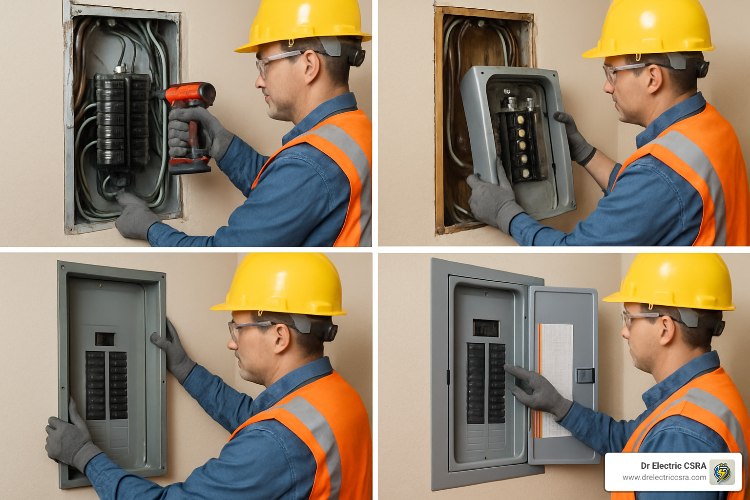 Electrician performing a 100 amp panel upgrade, showing the installation process of a new electrical panel and removal of an old fuse box, emphasizing safety and efficiency in electrical system modernization.