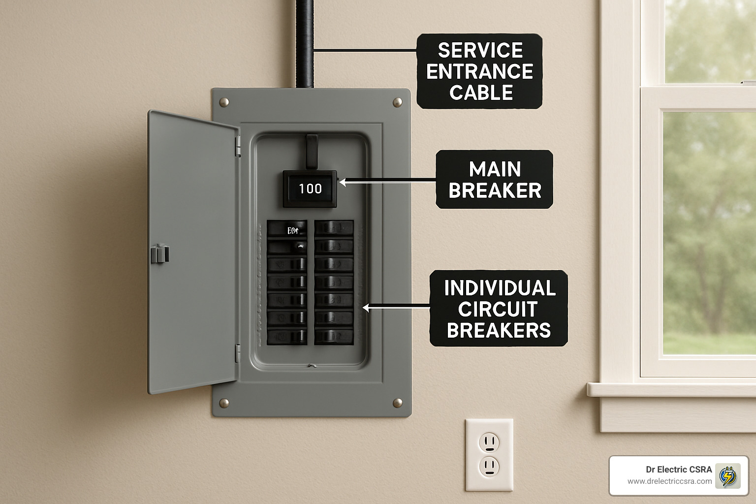 100 amp electrical panel with labeled components: service entrance cable, main breaker, and individual circuit breakers, set against a neutral wall, illustrating essential elements for home electrical safety and upgrades.