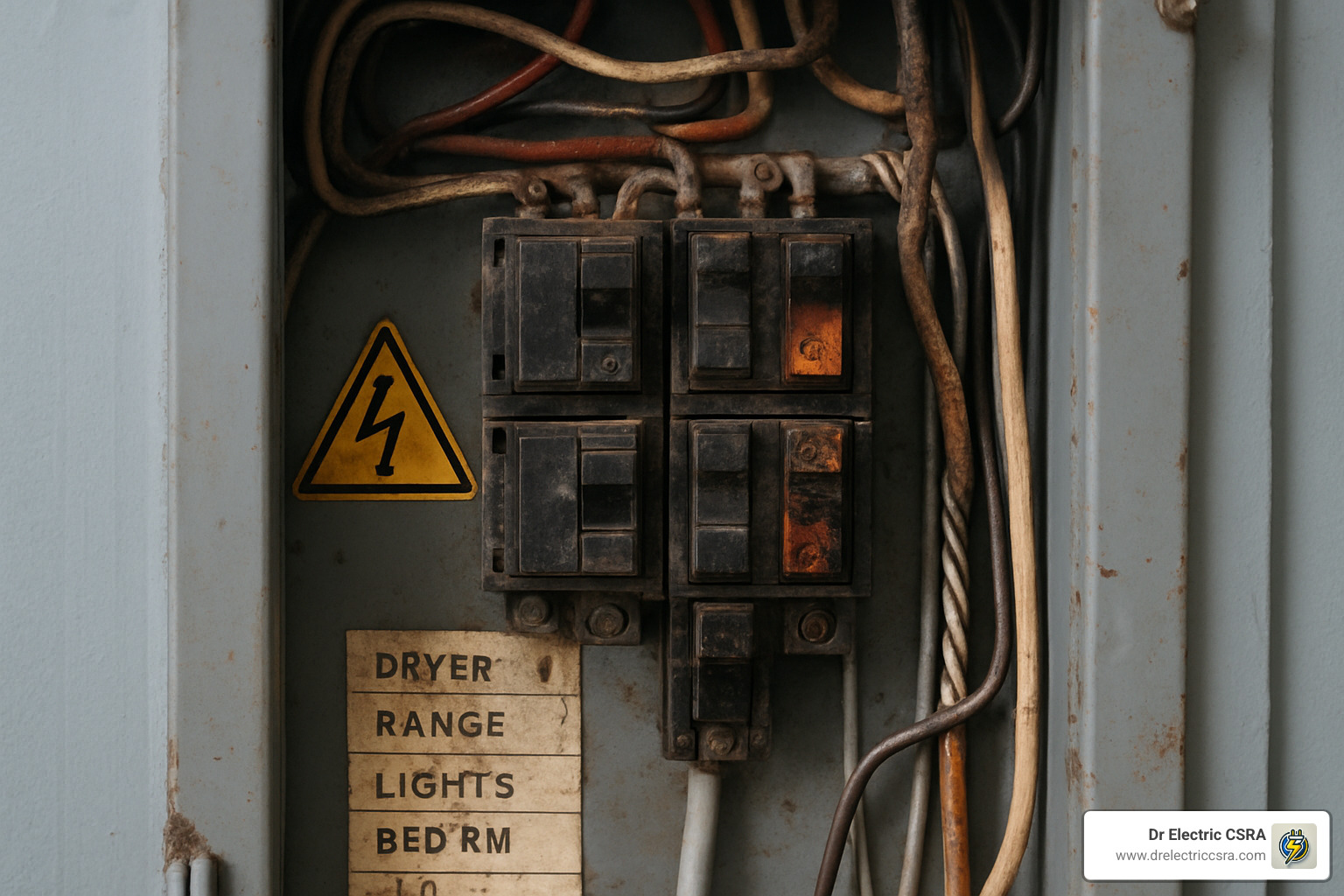 Electrical panel with circuit breakers, warning sign, and labels for dryer, range, lights, and bedroom, illustrating the importance of electrical upgrades for modern homes in Augusta.