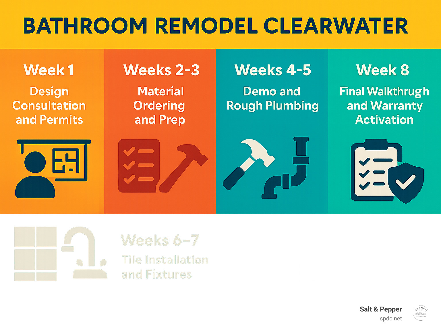 Detailed infographic showing bathroom remodel timeline: Week 1 - Design consultation and permits, Week 2-3 - Material ordering and prep, Week 4-5 - Demo and rough plumbing, Week 6-7 - Tile installation and fixtures, Week 8 - Final walkthrough and warranty activation - bathroom remodel clearwater infographic 