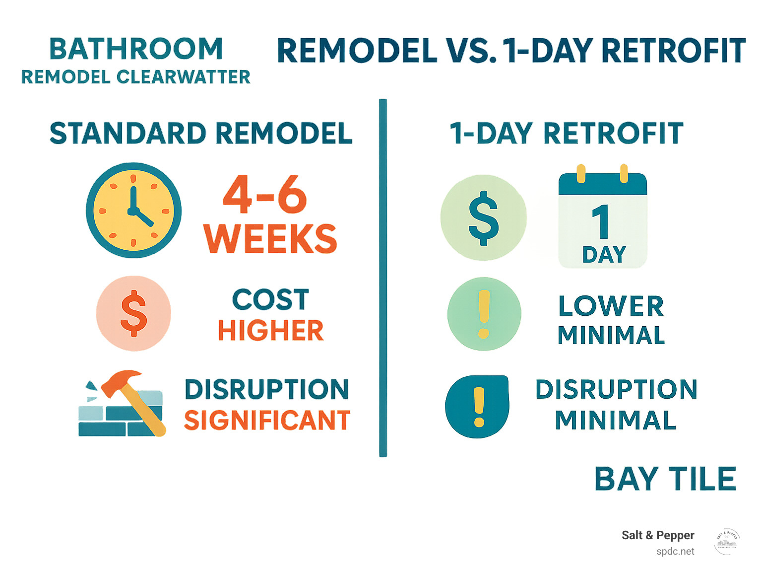 Infographic comparing standard 4-6 week remodel timeline versus 1-day retrofit options, showing cost and disruption differences - bathroom remodel clearwater infographic 