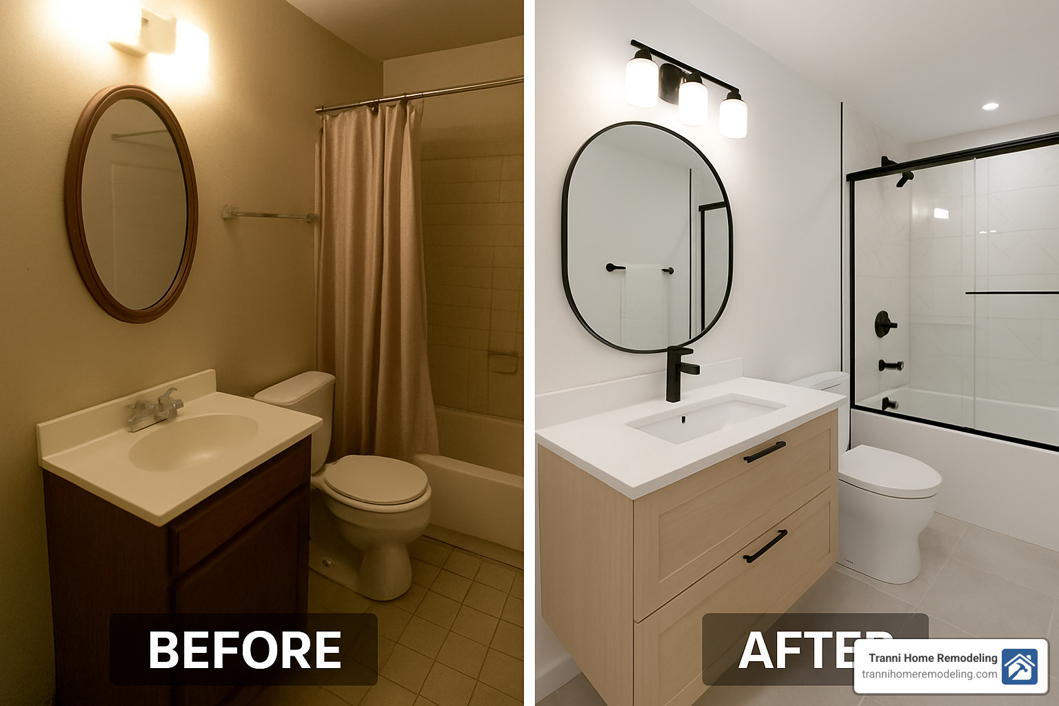 before and after bathroom change showing modern fixtures and improved layout - kitchen and bathroom remodel contractors