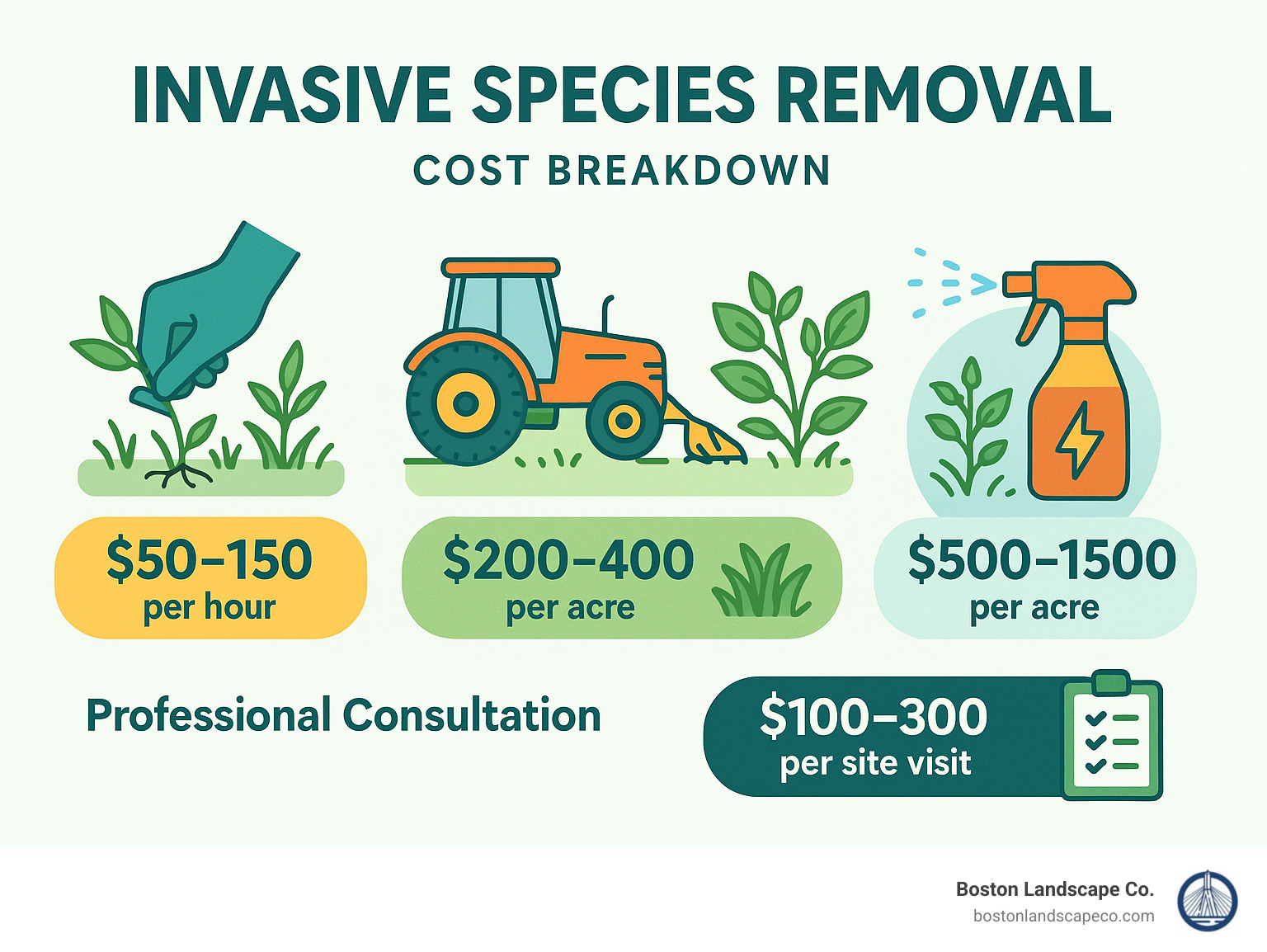 Cost breakdown infographic showing average ranges for different invasive species removal methods, from $50-150 per hour for hand removal to $500-1500 per acre for chemical treatment, with professional consultation ranging $100-300 per site visit - Invasive Species Removal infographic