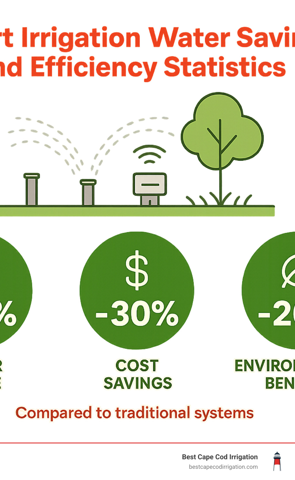 Smart irrigation water savings and efficiency statistics showing percentage reductions in water usage, cost savings, and environmental benefits compared to traditional systems - lawn sprinkler systems infographic 
